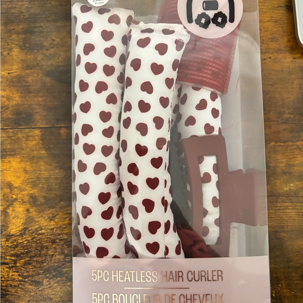 5pc Heatless Hair Curler Set - White with Burgundy Hearts